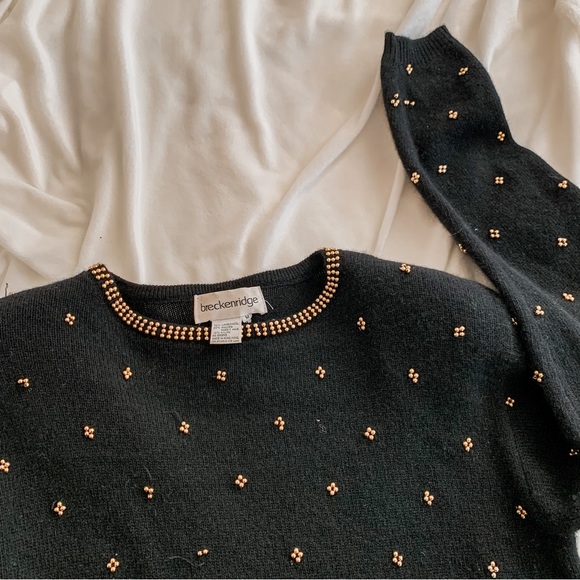 Vintage Sweaters - Vintage Gold Beaded Crewneck Black Sweater SZ M